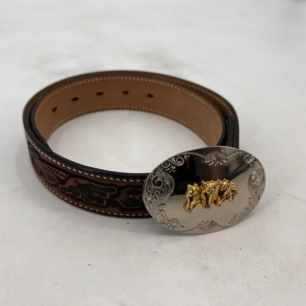 Vintage Western Belt Mens 30 Brown Floral Embossed Cowhide Bull Rider Cowboy